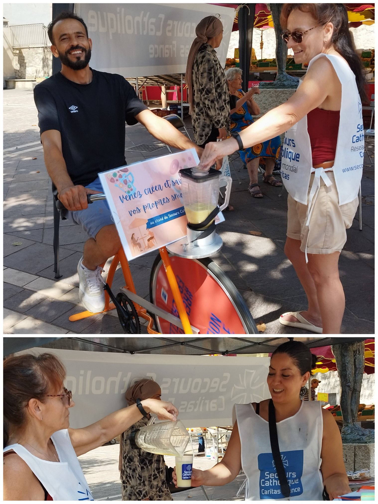 Homme sur un vélo smoothie et femmes qui versent le smoothie